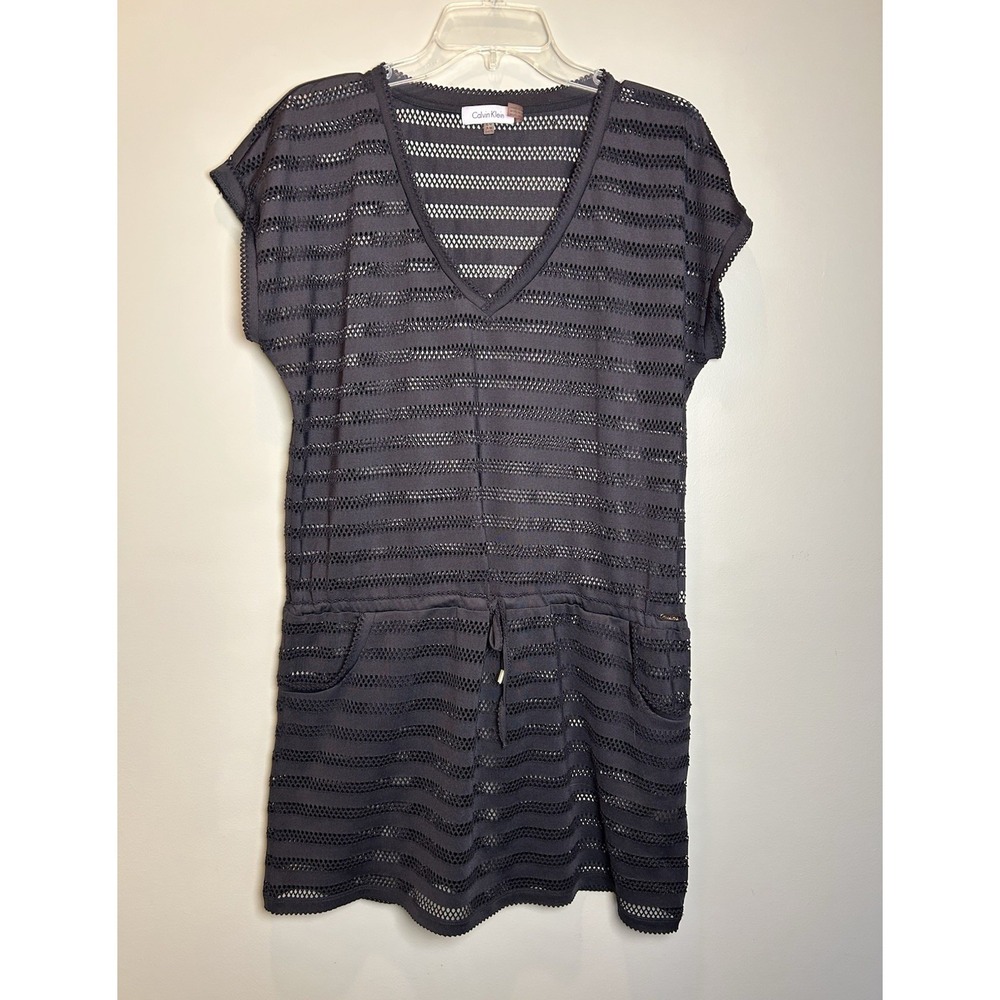 Calvin Klein Women's Black Striped Mesh Drawstring Swim Cover Up Dress S/M